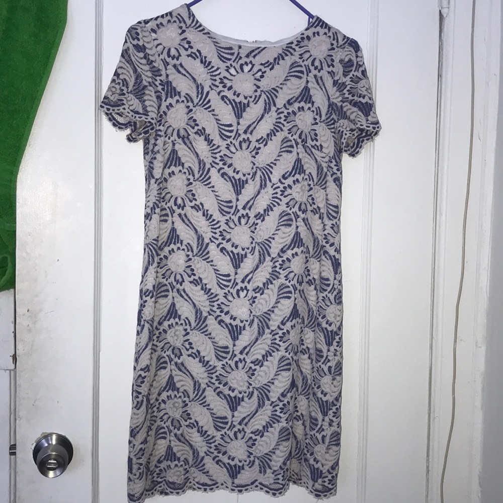 Blue and white knee length lace dress